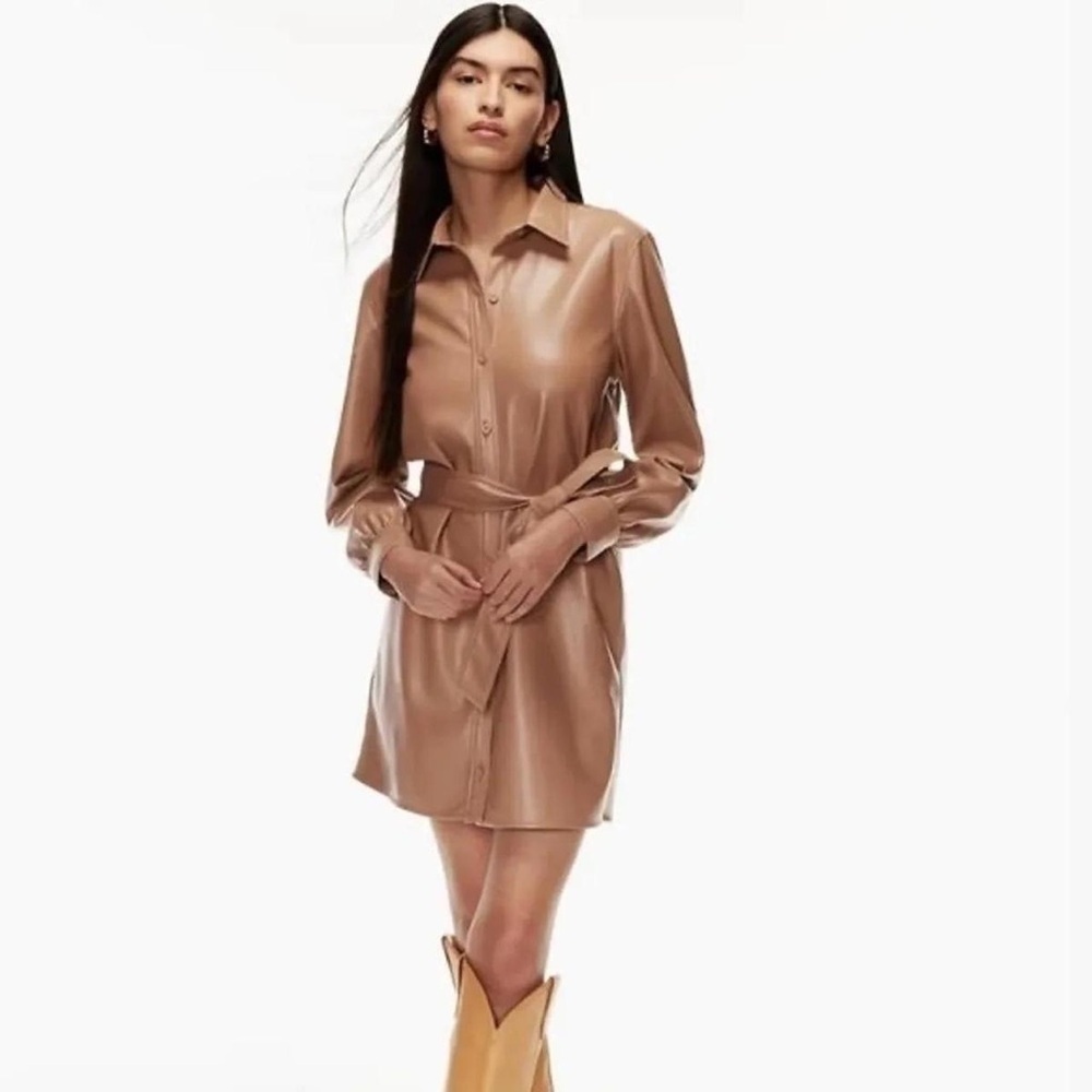 Aritzia Wilfred tan vegan leather Caroline belted shirt dress - size Small NWOT